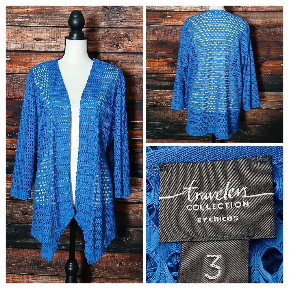Chico's Travelers Open Net Knit Cardigan Top Size 3 US XL Blue